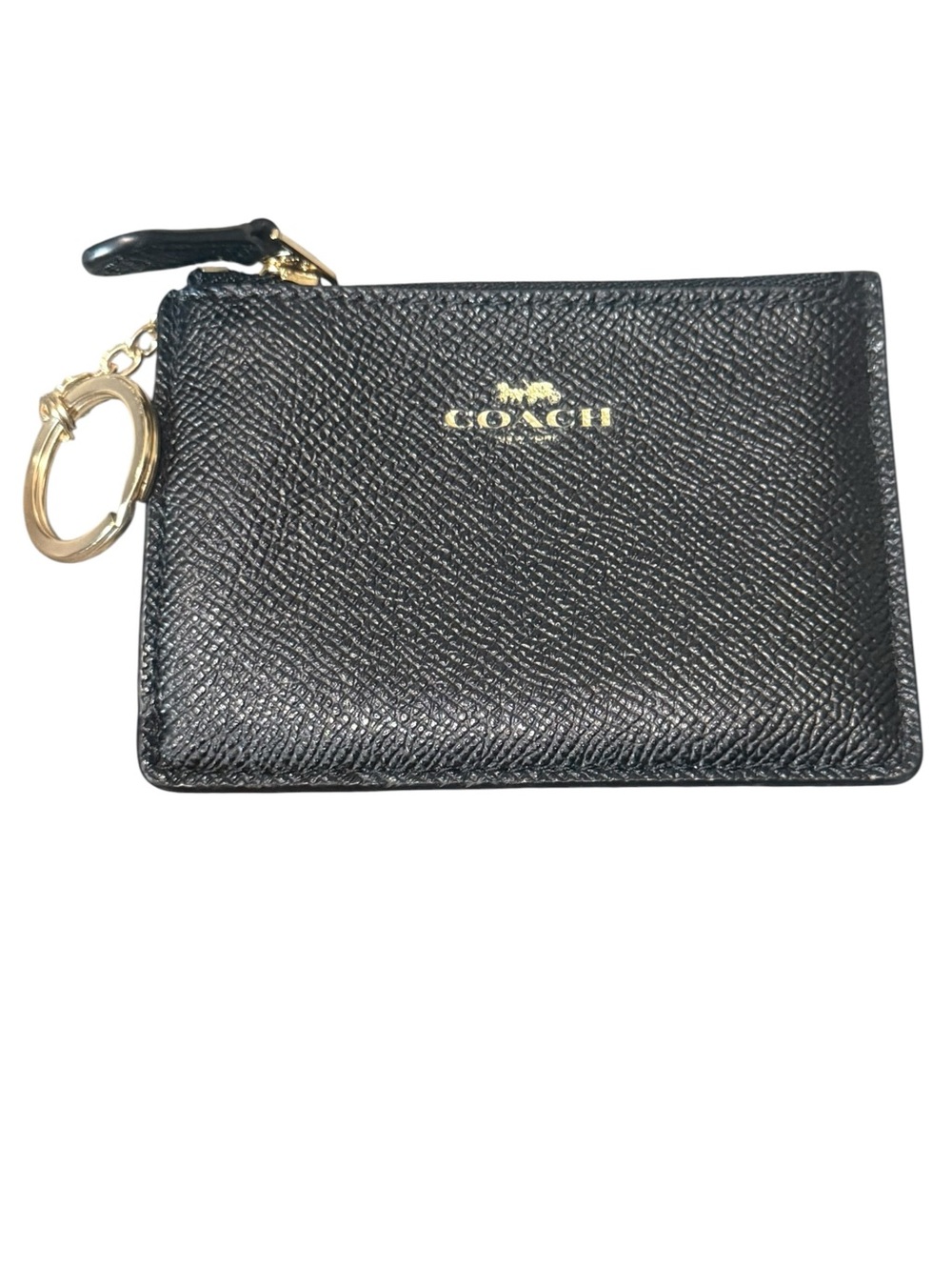 COACH Black Saffiano Leather Zip Card Holder with Gold Keyring